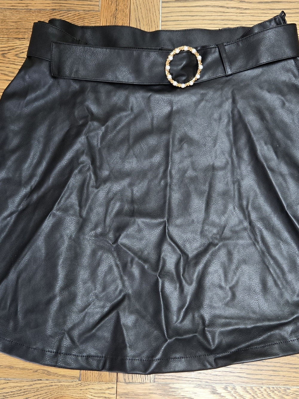 Faux Leather Black A-Line Skirt with Decorative Buckle